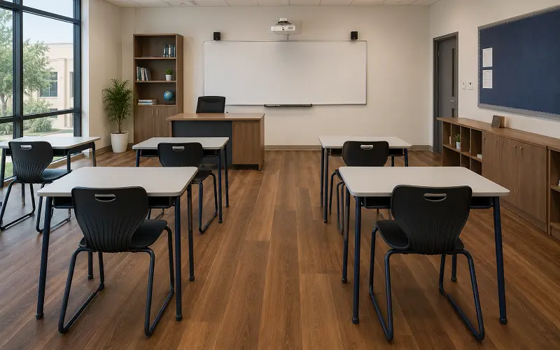 LVT vinyl flooring with acoustic underlay in a Dubai KHDA-regulated private school classroom