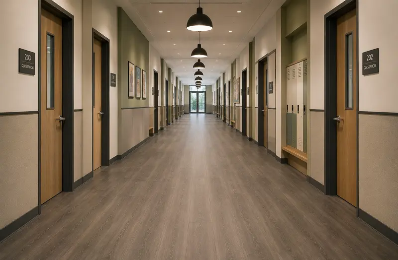 SPC vinyl corridor flooring with acoustic underlay in a Dubai international school