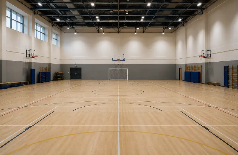 Sports-grade Class 34 SPC vinyl flooring in a Dubai school gymnasium and indoor sports hall