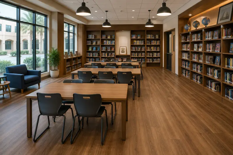 Premium LVT vinyl flooring with acoustic underlay in a Dubai international school library