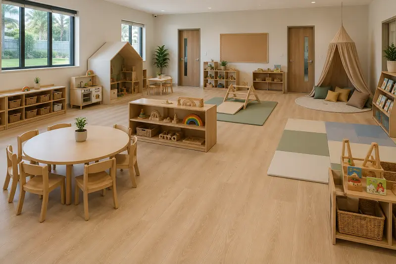 WPC vinyl flooring with antimicrobial wear layer and child-safe seam finish in a Dubai ECMS-licensed nursery