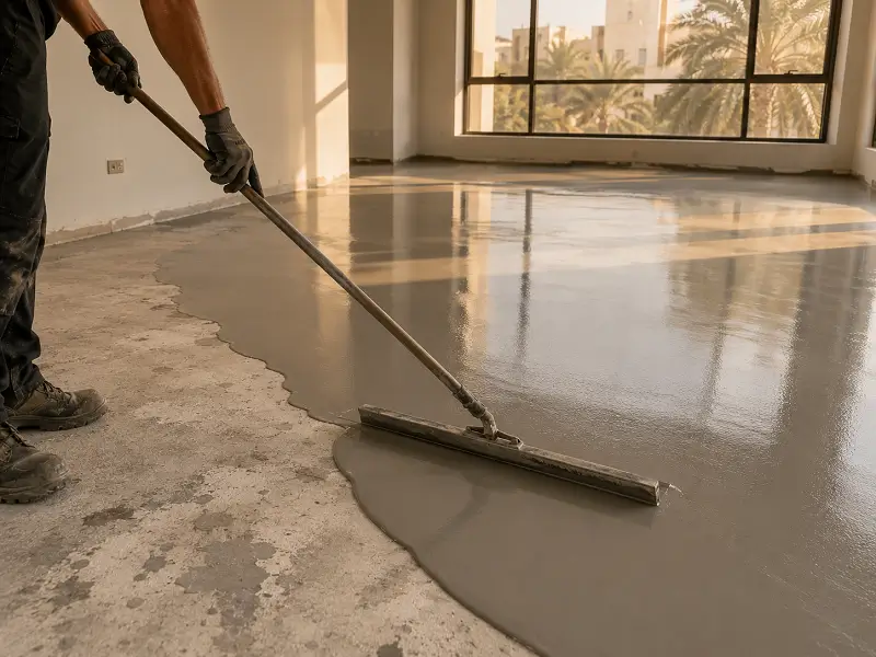 Self-leveling compound application for uneven subfloor in Dubai villa