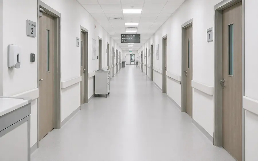 Heat-welded vinyl sheet flooring in a Sharjah SCH-regulated hospital with antimicrobial wear layer
