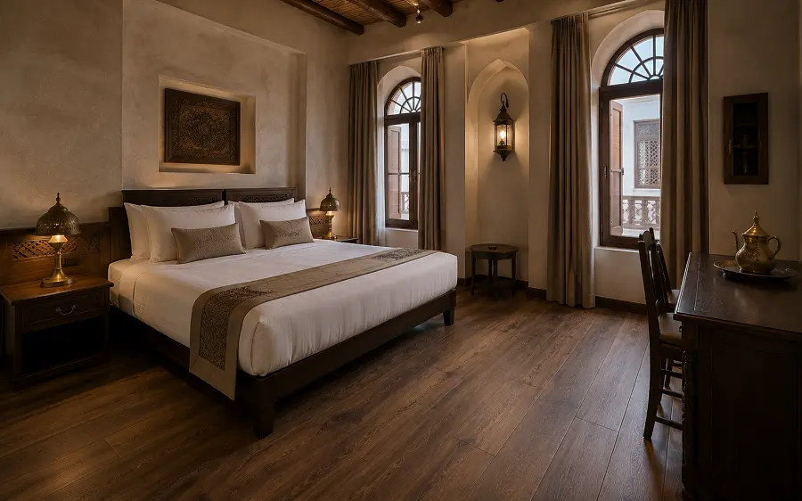 Premium LVT vinyl flooring in Al Bait Sharjah heritage hotel guest room