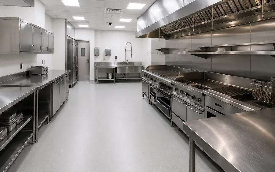 Heat-welded vinyl sheet flooring in a City Centre Sharjah restaurant BOH kitchen meeting Sharjah Municipality food safety compliance