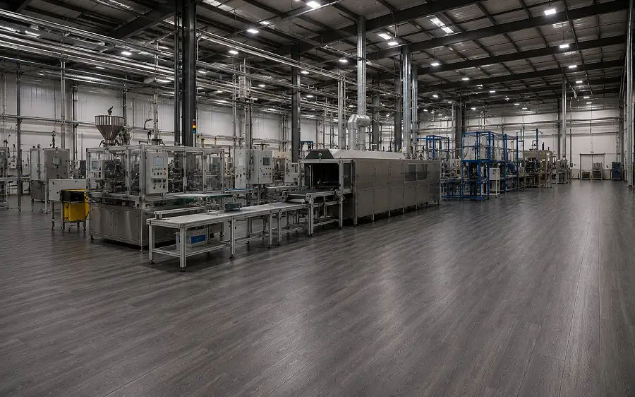 SPC vinyl flooring in a Sharjah Industrial Area manufacturing facility