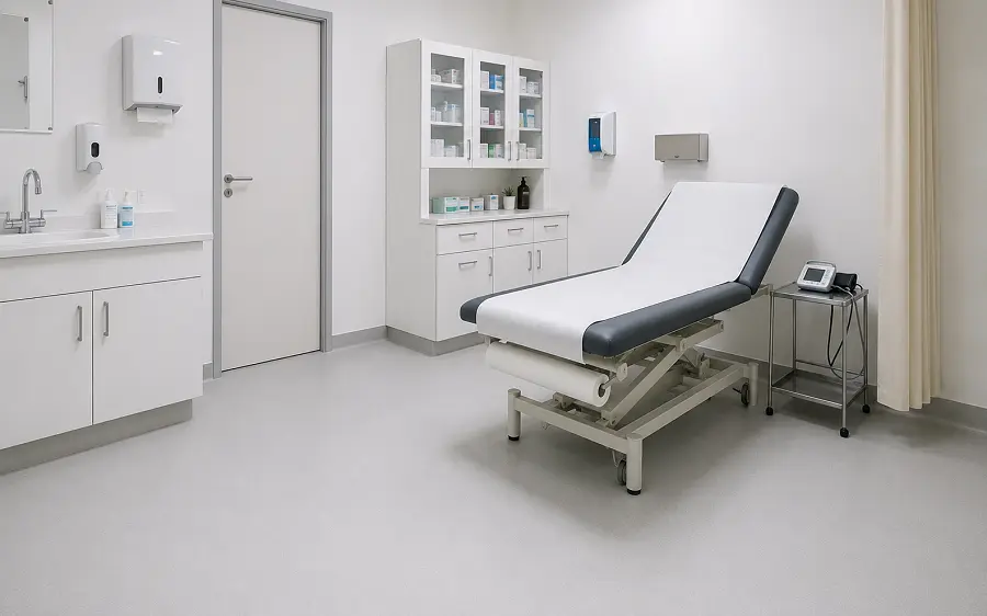 Heat-welded vinyl sheet flooring in a Sharjah SCH-regulated clinic with antimicrobial wear layer