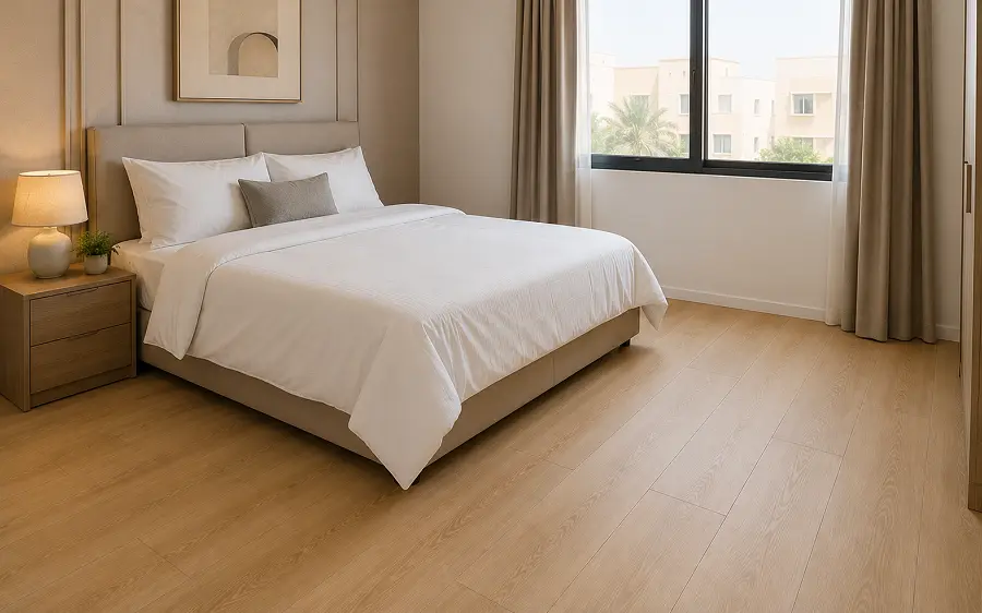 WPC vinyl flooring with soft-comfort core in a Muweilah villa bedroom Sharjah
