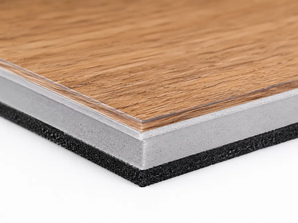 SPC flooring layer construction showing core, decorative film, wear layer