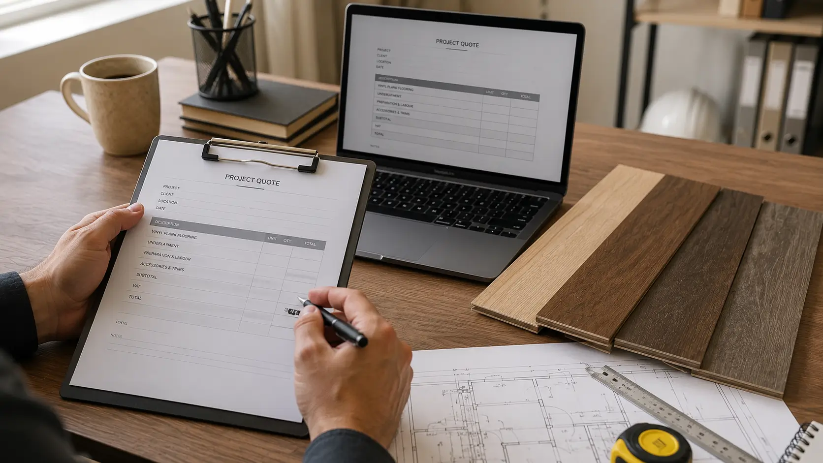 Contractor reviewing trade-priced vinyl flooring quote for UAE project