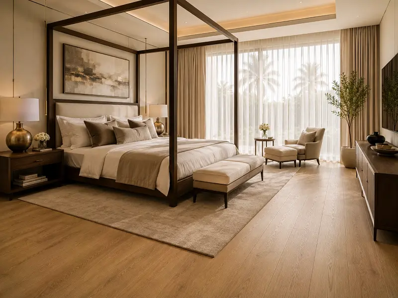 Master bedroom with luxury vinyl plank flooring in an Emirates Hills villa