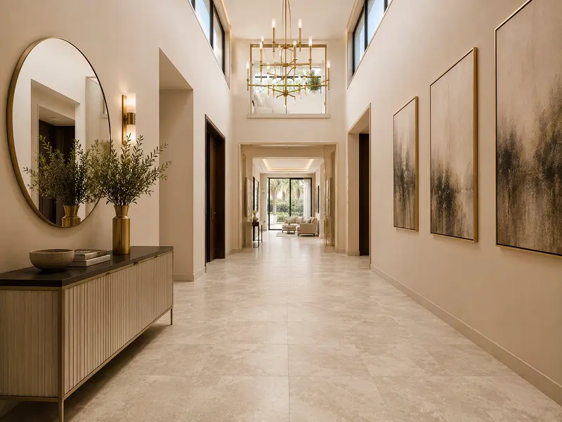 Long villa hallway with continuous SPC flooring across multiple rooms