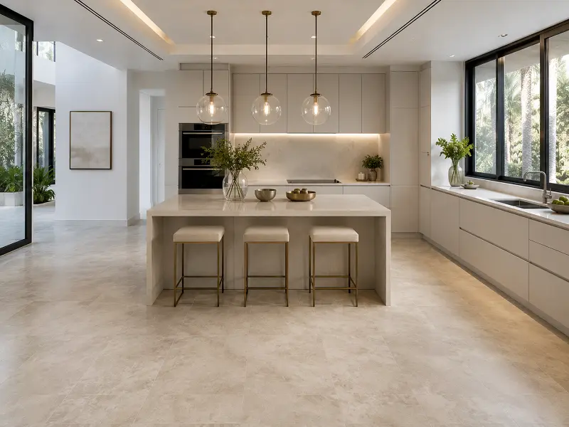 Waterproof vinyl flooring in an open-plan villa kitchen and dining space