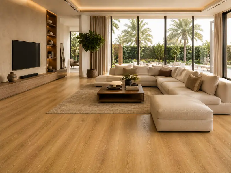 Vinyl flooring in a Dubai villa living and family room with wide-plank LVT