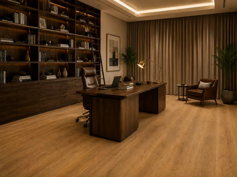 Home office with executive LVT vinyl flooring in a UAE villa study