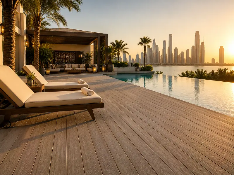 Outdoor WPC decking on a UAE villa pool deck and balcony