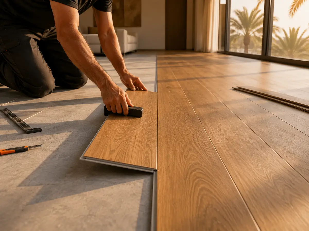 Professional vinyl flooring installation team fitting planks in UAE villa