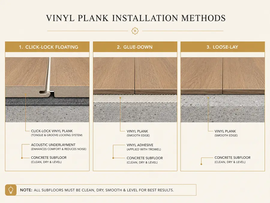 Vinyl flooring installation methods click-lock glue-down loose-lay compared