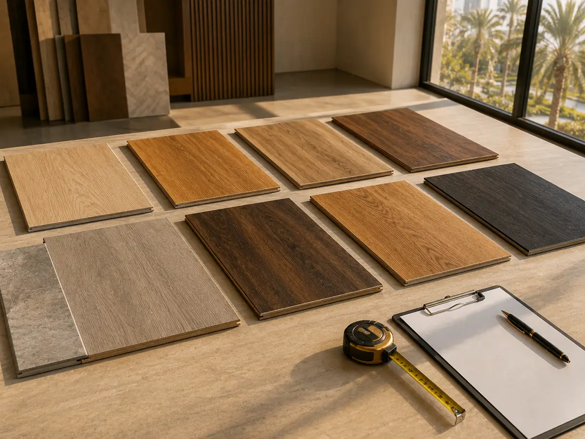 Vinyl flooring samples and product range available for supply across UAE