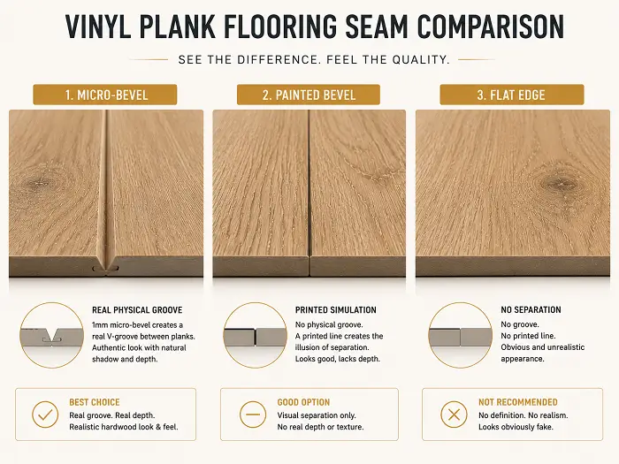 Vinyl plank bevel types compared micro-bevel painted-bevel flat-edge