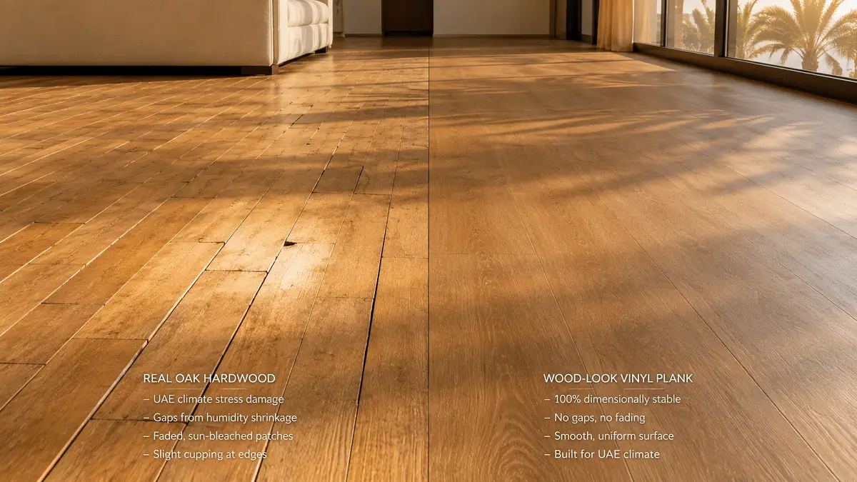 Vinyl plank versus real hardwood comparison in UAE villa