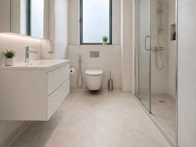 Fully waterproof vinyl sheet flooring with coved skirting in a UAE apartment bathroom