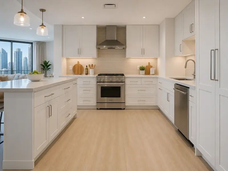 Continuous vinyl sheet flooring in a Dubai apartment kitchen