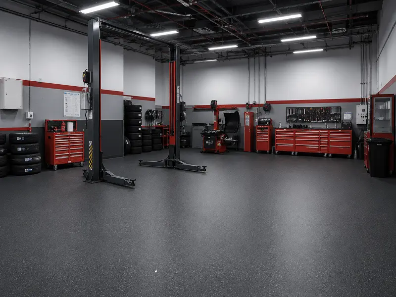 Oil-resistant vinyl sheet flooring in a UAE automotive workshop