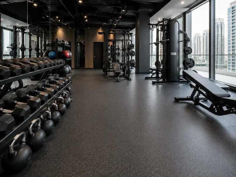 Vinyl sheet flooring in a Dubai commercial gym with heavy equipment