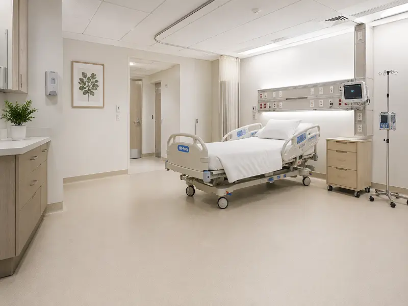 Heat-welded vinyl sheet flooring in a UAE hospital patient room