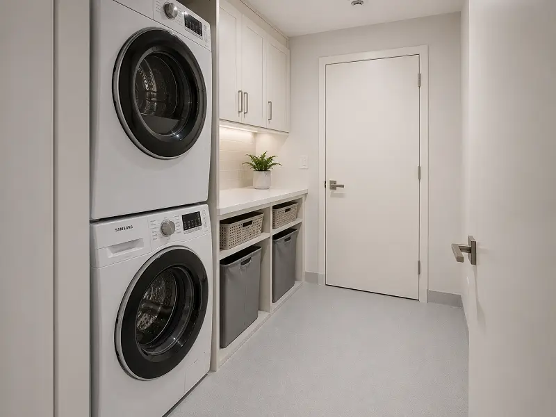 Vinyl sheet flooring in a Dubai apartment laundry room with washing machine