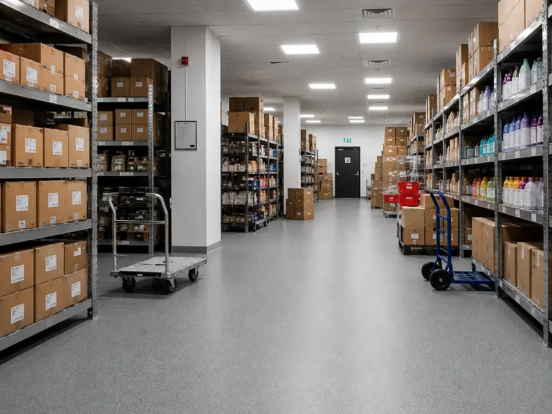 Vinyl sheet flooring in a UAE retail back-of-house stockroom