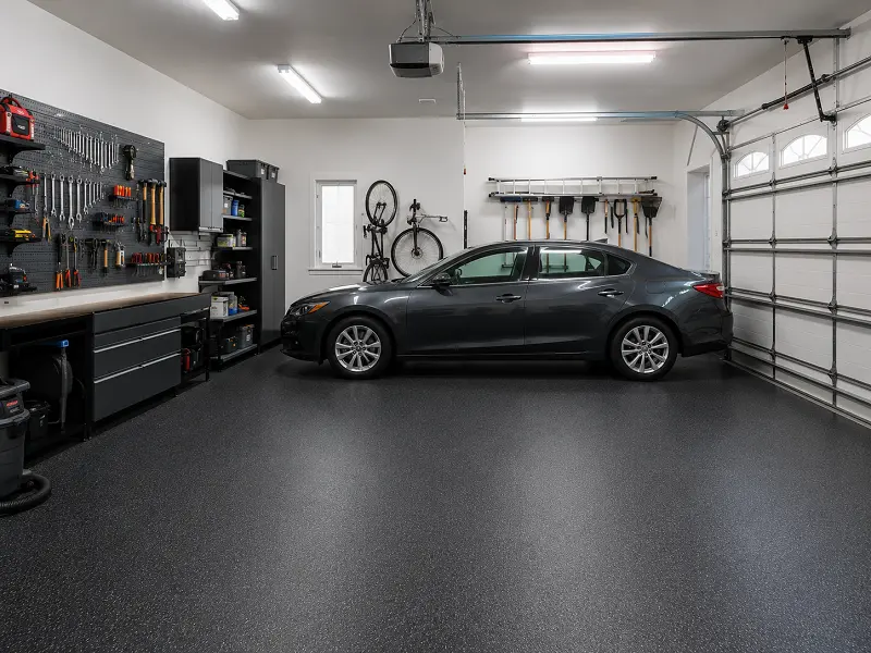 Oil-resistant vinyl sheet flooring in an Abu Dhabi villa garage