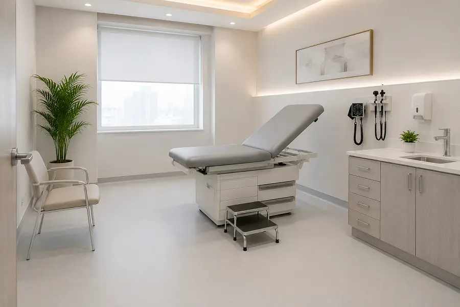 Heat-welded vinyl sheet flooring in a UAE healthcare clinical zone with coved skirting