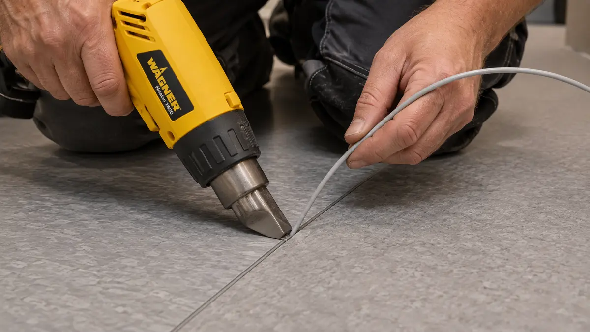 Heat-welded seam installation for commercial vinyl sheet flooring Dubai