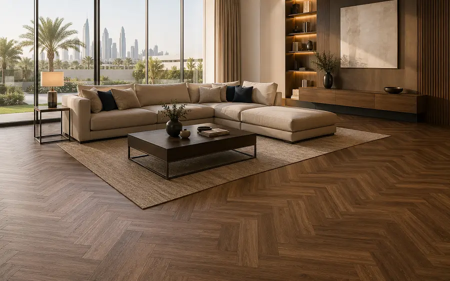 Premium waterproof LVT luxury vinyl tile flooring in a UAE living room or hospitality space