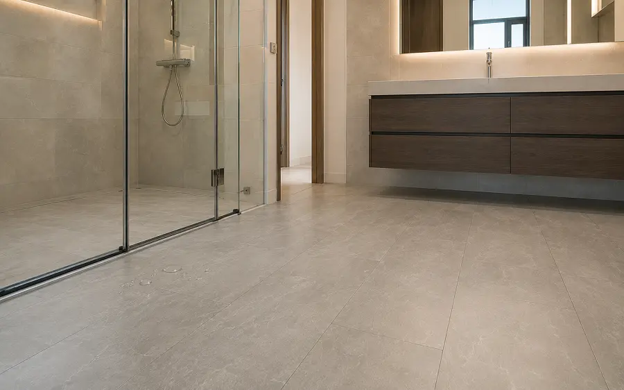 Waterproof SPC vinyl flooring installation in a UAE villa bathroom