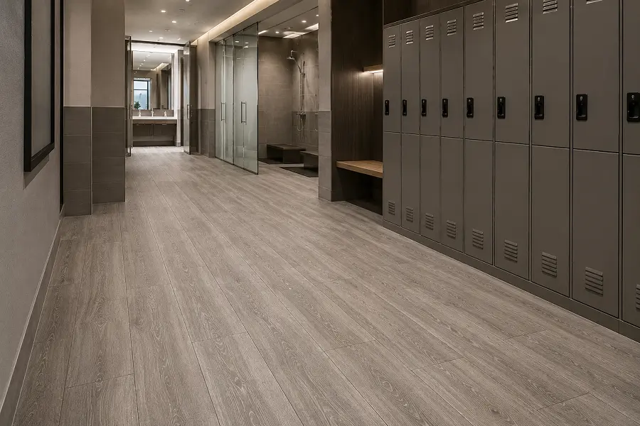 Waterproof vinyl flooring in a UAE gym wet zone with locker room and shower area