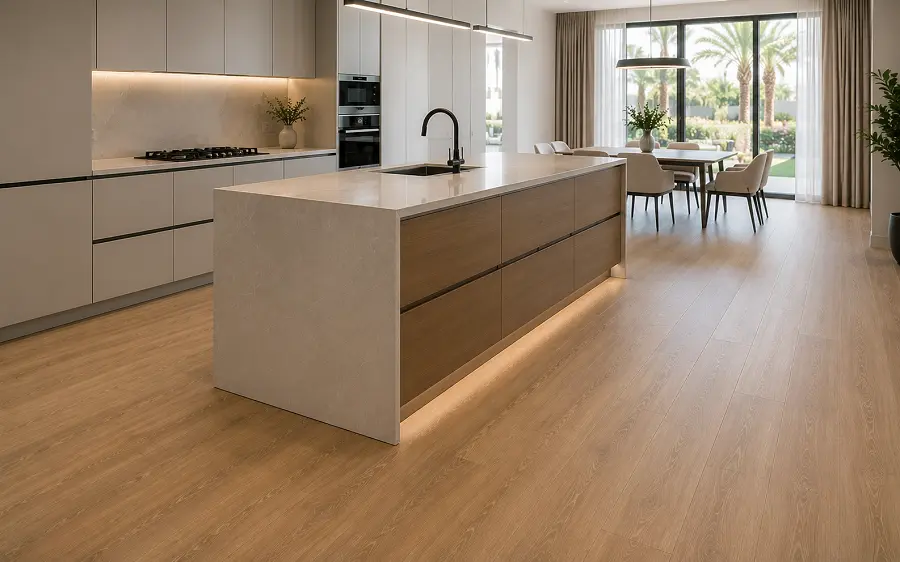 Waterproof SPC vinyl flooring in a UAE residential kitchen