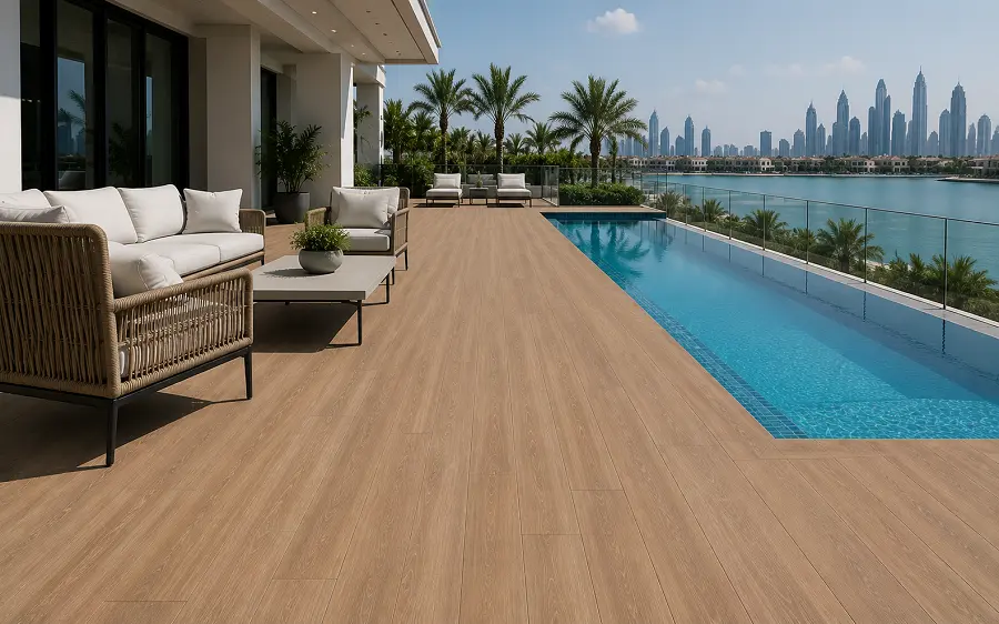 Outdoor-grade WPC waterproof vinyl flooring in a UAE balcony terrace or pool deck zone