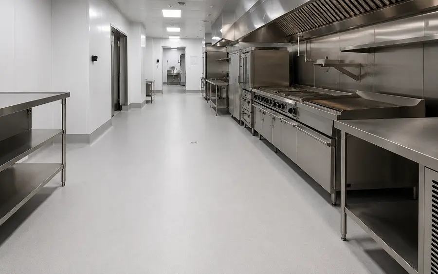 Heat-welded waterproof vinyl sheet in a UAE restaurant commercial kitchen with coved skirting