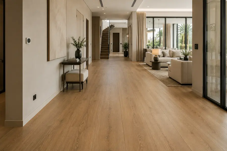 Waterproof wood-look vinyl plank flooring in a UAE villa across SPC LVT WPC cores