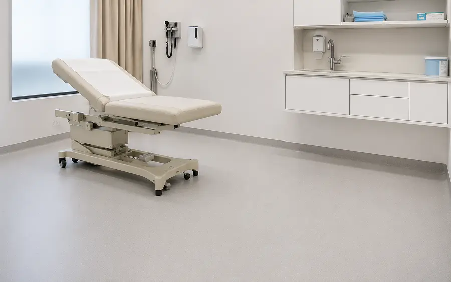 Heat-welded waterproof vinyl sheet in a UAE healthcare clinical zone with coved skirting