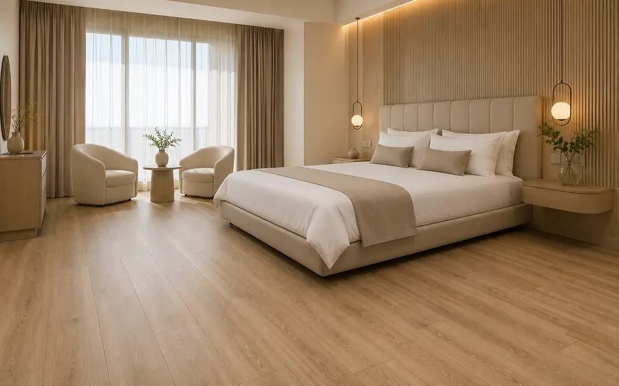 Waterproof WPC vinyl flooring with cushioned comfort core in a UAE bedroom or hotel spa lounge