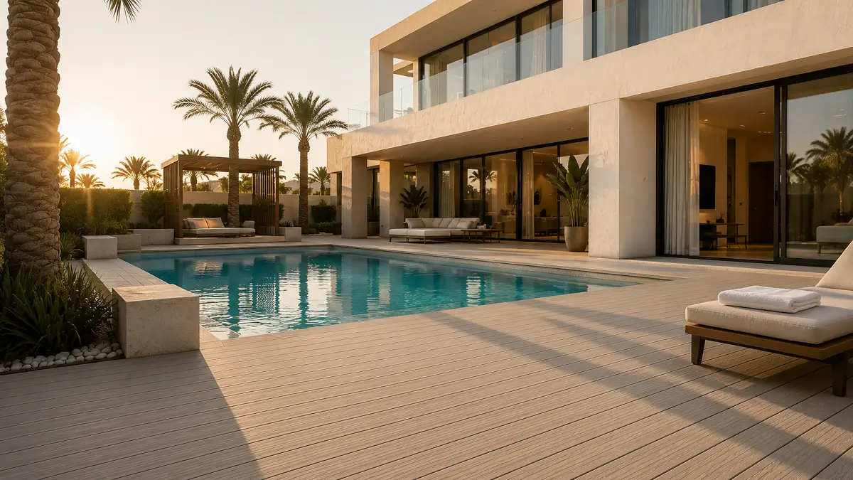 Outdoor WPC decking installed at Dubai villa poolside
