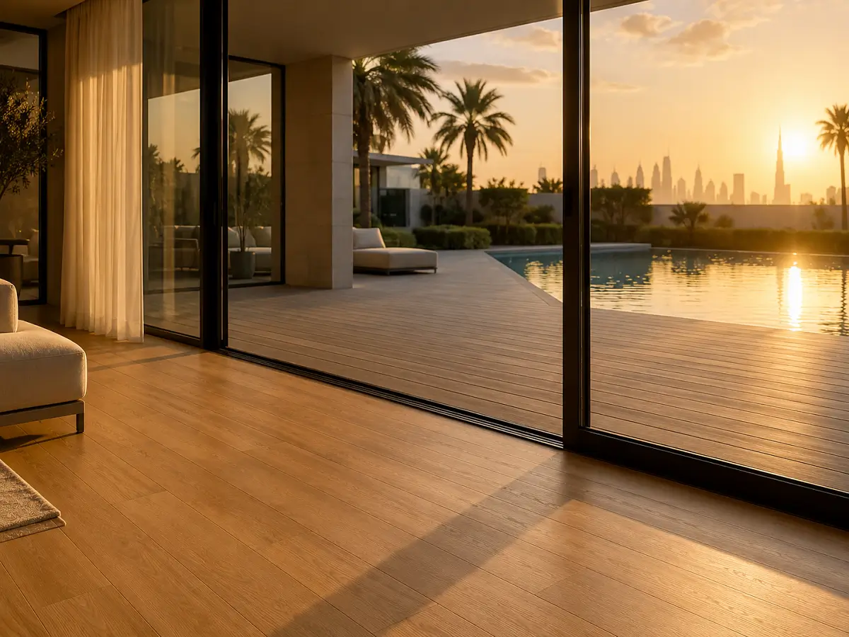 WPC flooring installation showing indoor vinyl planks and outdoor pool deck