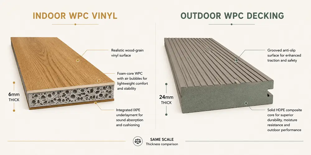 WPC indoor vinyl vs outdoor decking specifications comparison